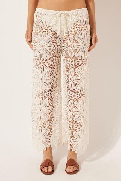 White Floral Crochet Palazzo Trousers, , large image number 1
