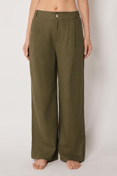 Green Wide Leg Palazzo Linen Pants, 5501_202E, large image number 0
