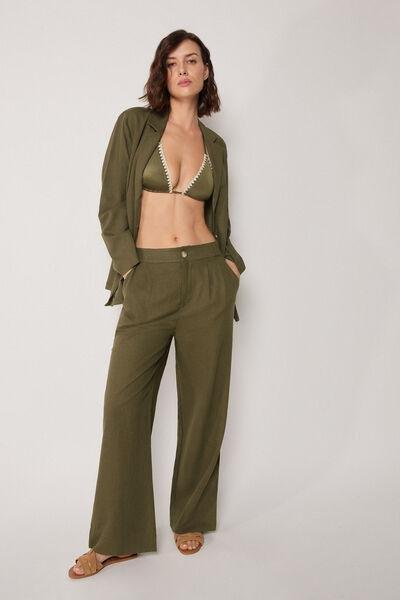Green Wide Leg Palazzo Linen Pants, 5501_202E, large image number 1