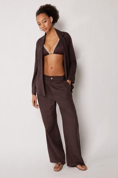 Brown Wide Leg Palazzo Linen Pants, 5501_203E, large image number 1