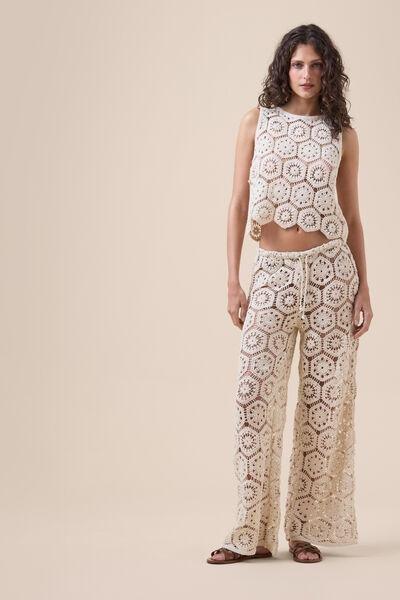 White Drawstring Waist Crochet Palazzo Pants, 5501_291E, large image number 0