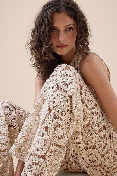 White Drawstring Waist Crochet Palazzo Pants, 5501_291E, large image number 3