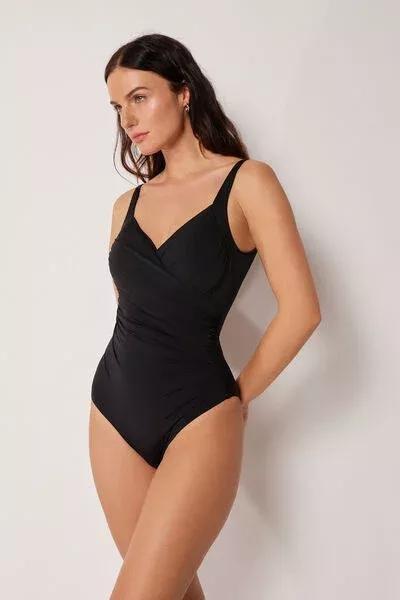 Black Elegant Draping Slimming Swimsuit, 5501_209E, large image number 1