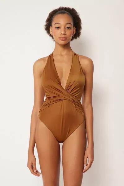 Brown Shiny Satin Crossover Draping Swimsuit, 5501_150E, large image number 0