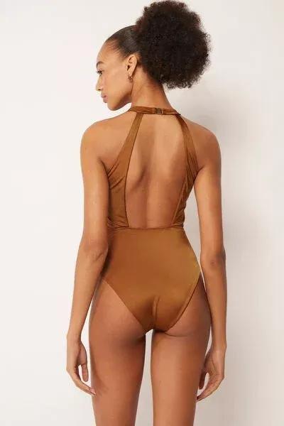 Brown Shiny Satin Crossover Draping Swimsuit, 5501_150E, large image number 2