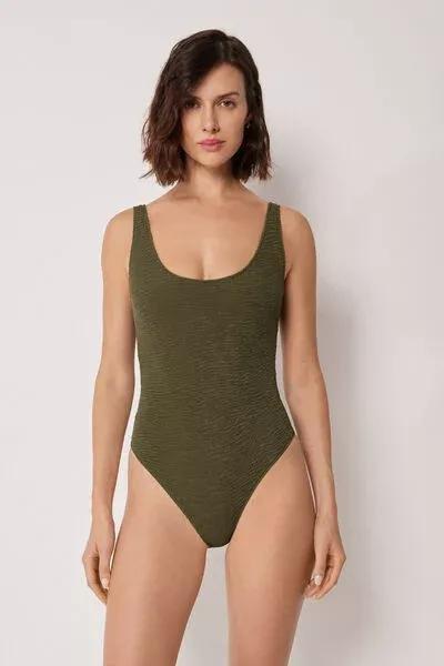 Green High-Leg Crinkle Waves Swimsuit, 5501_158E, large image number 0