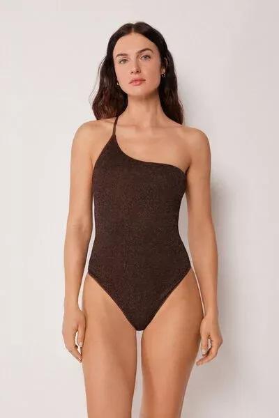 Brown Metallic Glow One-Shoulder Swimsuit, 5501_169E, large image number 0