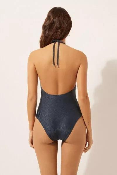Blue Glowing Python V-Cut Tie Detail Swimsuit, 5501_167E, large image number 2