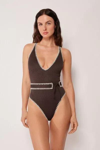 Brown Bicolour Embroidery Swimsuit, 5501_170E, large image number 1