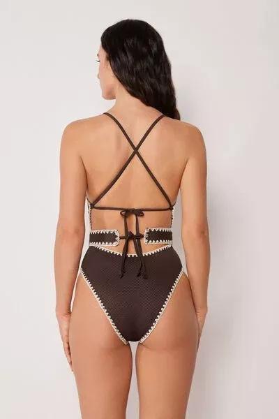 Brown Bicolour Embroidery Swimsuit, 5501_170E, large image number 2