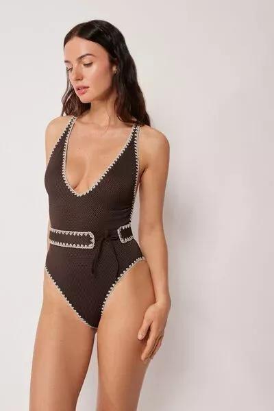 Brown Bicolour Embroidery Swimsuit, 5501_170E, large image number 3