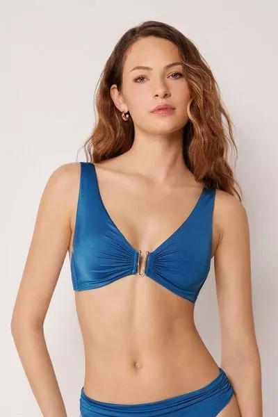 Blue Shiny Satin Brassiere Bikini Top, 5501_155E, large image number 0