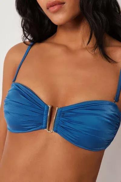 Blue Shiny Satin Bandeau Bikini Top, 5501_155E, large image number 3
