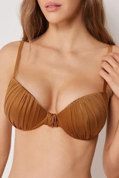 Brown Shiny Satin Padded Push-Up Bikini Top, 5501_150E, large image number 3
