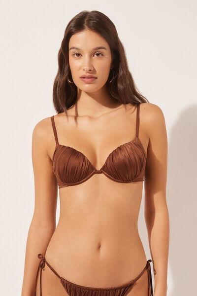 Brown Shiny Satin Push-Up Bikini Top, , large image number 1