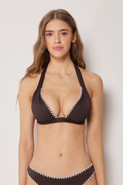 Brown Bicolour Embroidery Padded Triangle Bikini Top, 5501_170E, large image number 0