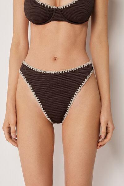 Brown Bicolour Embroidery High-Waisted Brazilian Bikini Bottoms, 5501_170E, large image number 0