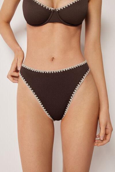 Brown Bicolour Embroidery High-Waisted Brazilian Bikini Bottoms, 5501_170E, large image number 1