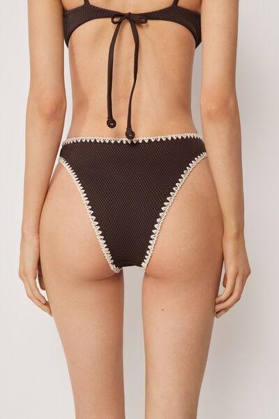 Brown Bicolour Embroidery High-Waisted Brazilian Bikini Bottoms, 5501_170E, large image number 2