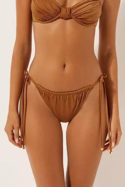 Brown Shiny Satin Tie Detail Brazilian Bikini Bottoms, 5501_150E, medium