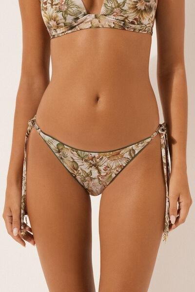 Beige/Green Tropical Foliage Tie Brazilian Bikini Bottoms, 5501_144E, large image number 0