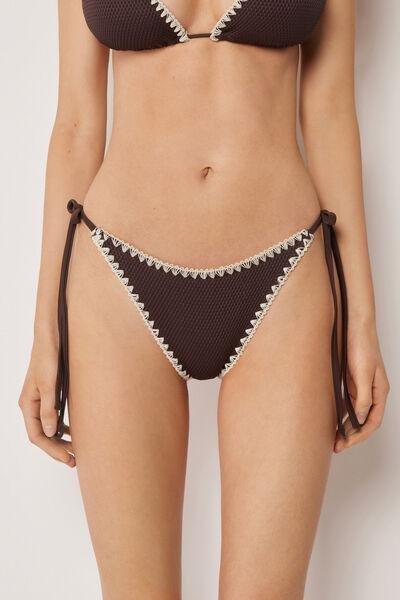 Brown Bicolour Embroidery Tie Detail Brazilian Bikini Bottoms, 5501_170E, large image number 0