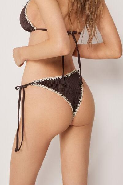 Brown Bicolour Embroidery Tie Detail Brazilian Bikini Bottoms, 5501_170E, large image number 1