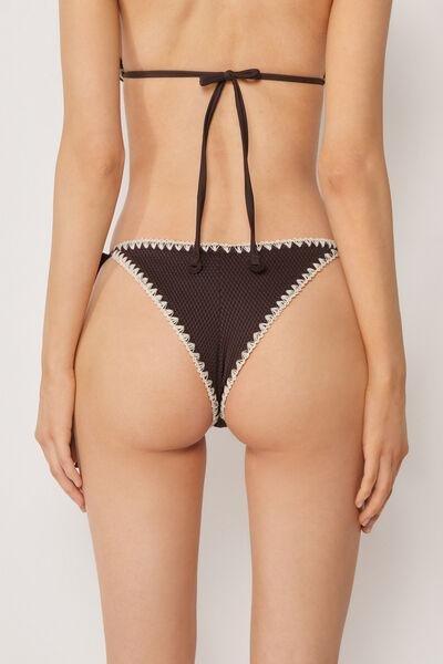 Brown Bicolour Embroidery Tie Detail Brazilian Bikini Bottoms, 5501_170E, medium