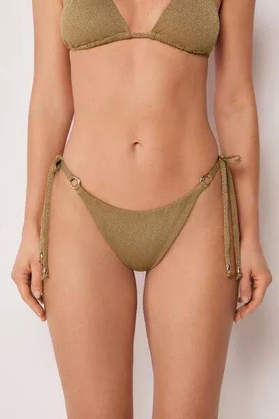 Brown Sophisticated Shine Tie Detail Brazilian Bikini Bottoms, 5501_172E, medium