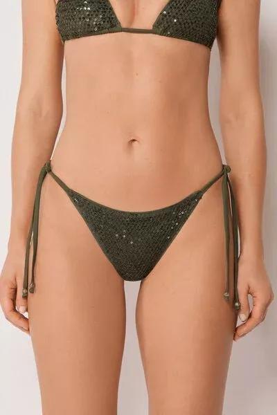 Green Sequin Net Tie Detail Brazilian Bikini Bottoms, 5501_175E, large image number 0
