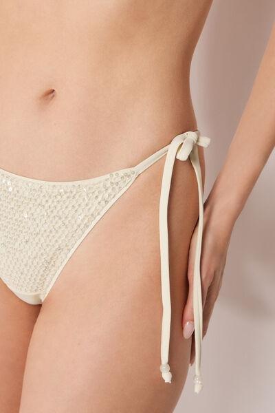 White Sequin Net Tie Detail Brazilian Bikini Bottoms, 5501_176E, large image number 3
