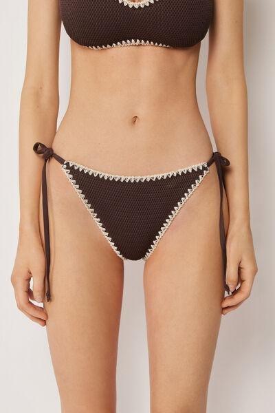 Brown Bicolour Embroidery Tie Bikini Bottoms, 5501_170E, medium