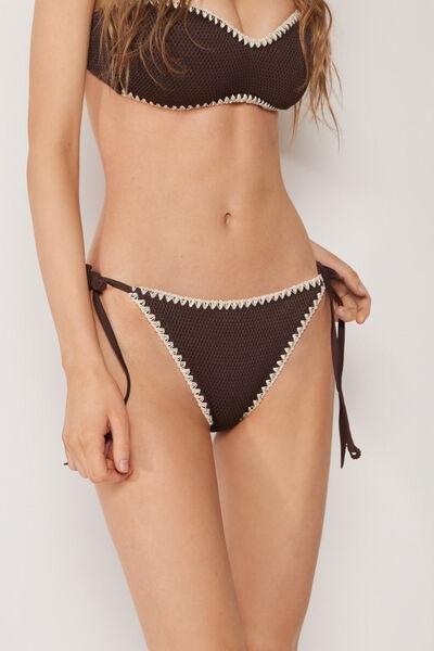 Brown Bicolour Embroidery Tie Bikini Bottoms, 5501_170E, large image number 1
