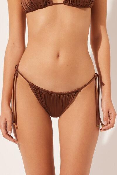 Brown Shiny Satin Bikini Bottoms Thong, , large image number 1