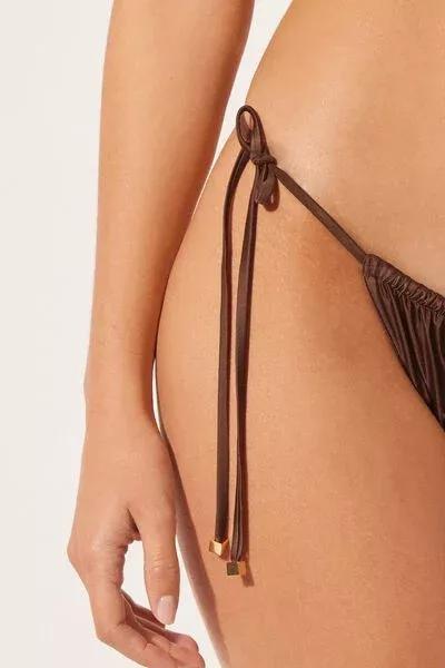 Brown Shiny Satin Bikini Bottoms Thong, 5501_040E, large image number 3