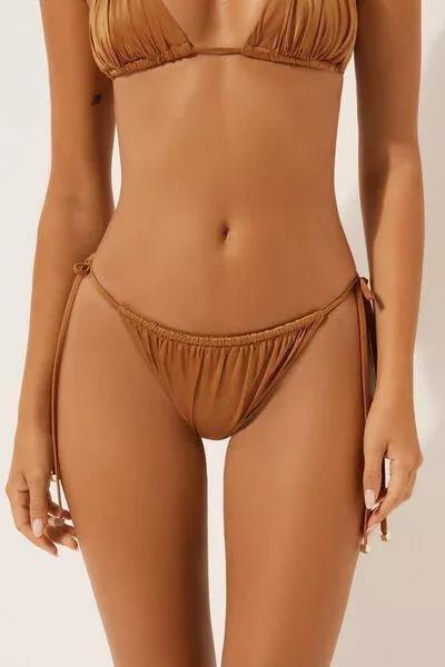 Brown Shiny Satin Thong Bikini Bottoms, 5501_150E, large image number 0