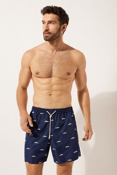 Navy Patterned Boxer Swim Shorts, , large image number 0