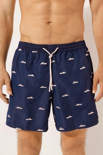 Navy Patterned Boxer Swim Shorts, , large image number 1