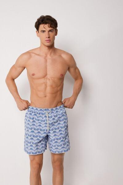 Blue/White Elegant Ethnic Patterned Swim Shorts, 5501_184E, large image number 1
