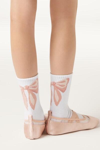 White Bow Patterned Sport Socks, Kids Girls, , large image number 0