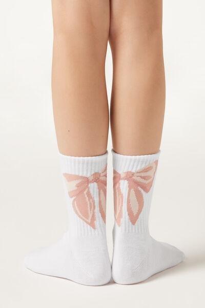 White Bow Patterned Sport Socks, Kids Girls, , large image number 1