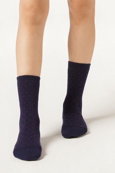 Navy Hearts Patterned Ribbed Socks, Kids Girls, , large image number 0