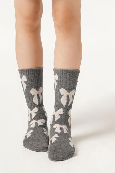 Grey Herringbone Bows Patterned Ribbed Socks, Kids Girls, , large image number 2