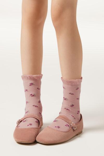 Pink Flowers Patterned Ribbed Socks, Kids Girls, , large image number 0