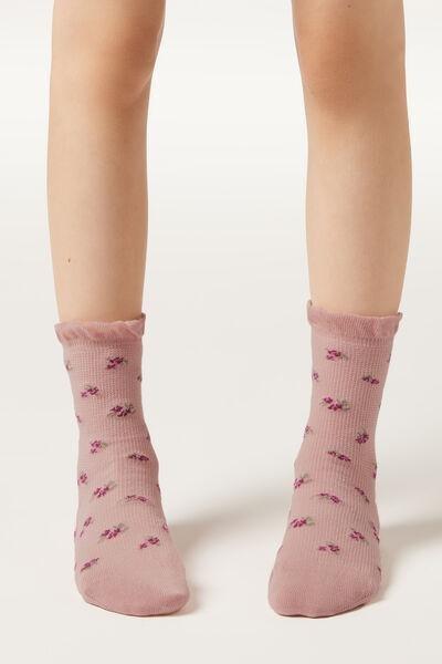 Pink Flowers Patterned Ribbed Socks, Kids Girls, , large image number 1