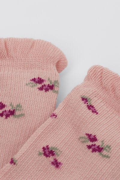 Pink Flowers Patterned Ribbed Socks, Kids Girls, , large image number 2