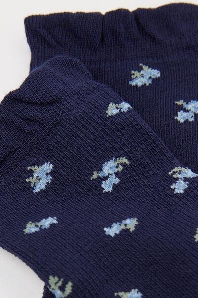 Blue Flowers Patterned Ribbed Socks, Kids Girls, , large image number 1