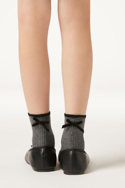 Grey Melange Ribbed Applique Bow Socks, Kids Girls, , large image number 0