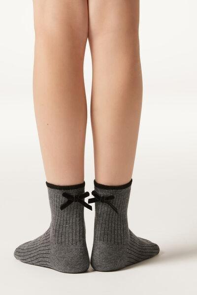 Grey Melange Ribbed Applique Bow Socks, Kids Girls, , large image number 1