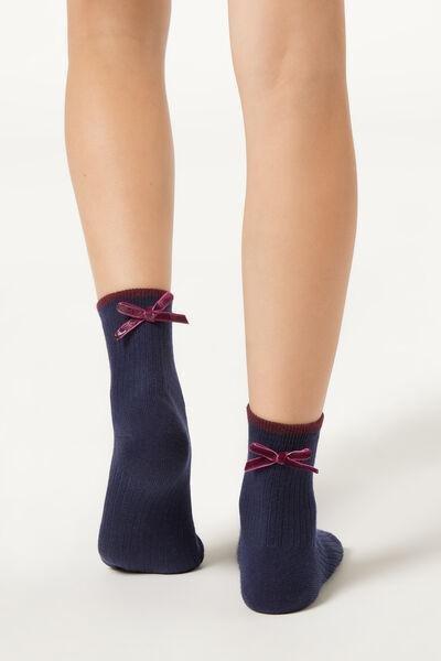 Navy Ribbed Bow-Detail Cotton Socks, Kids Girls, 5501_589D, medium